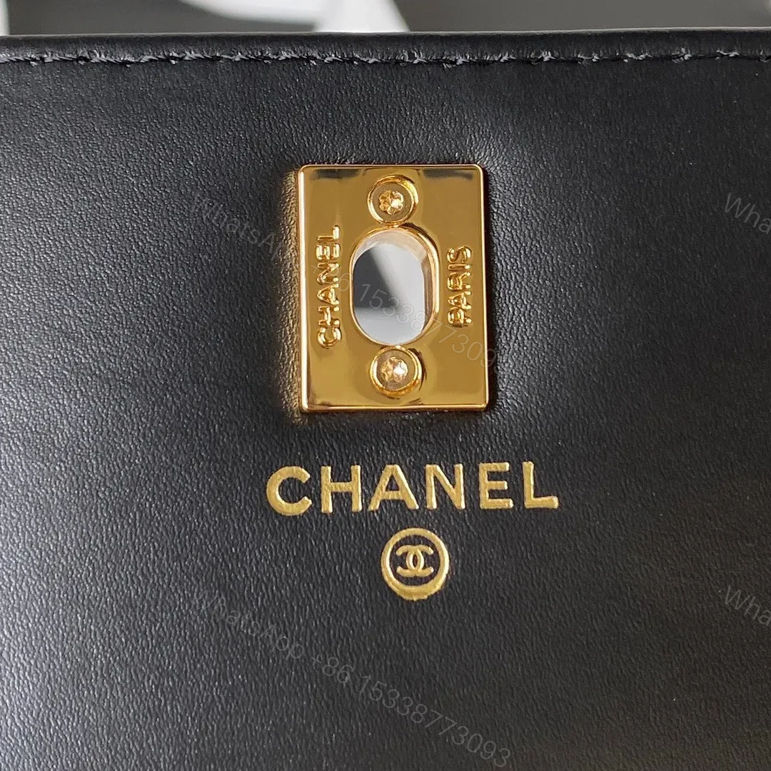 View 7 of Chanel Handle Bag Lumpy Skin Handbags Black With Lock Gold 19cm