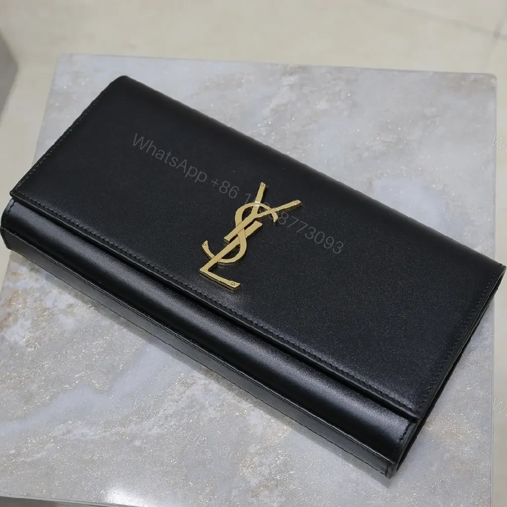View 5 of Compact Black Calfskin Clutch with Gold-tone Hardware