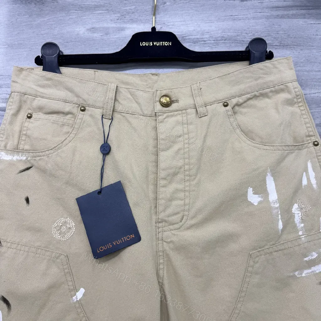 View 5 of Beige Denim-Style Shorts with LV Details, Distressed Comfort