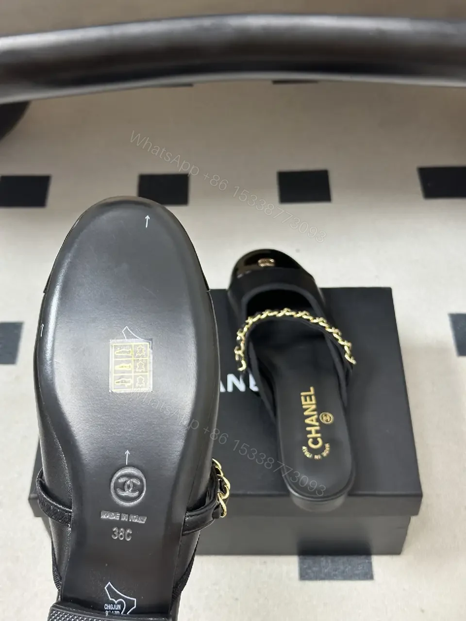 View 4 of Black Leather Flat Mules Chain-Detail Chanel-Style Slippers