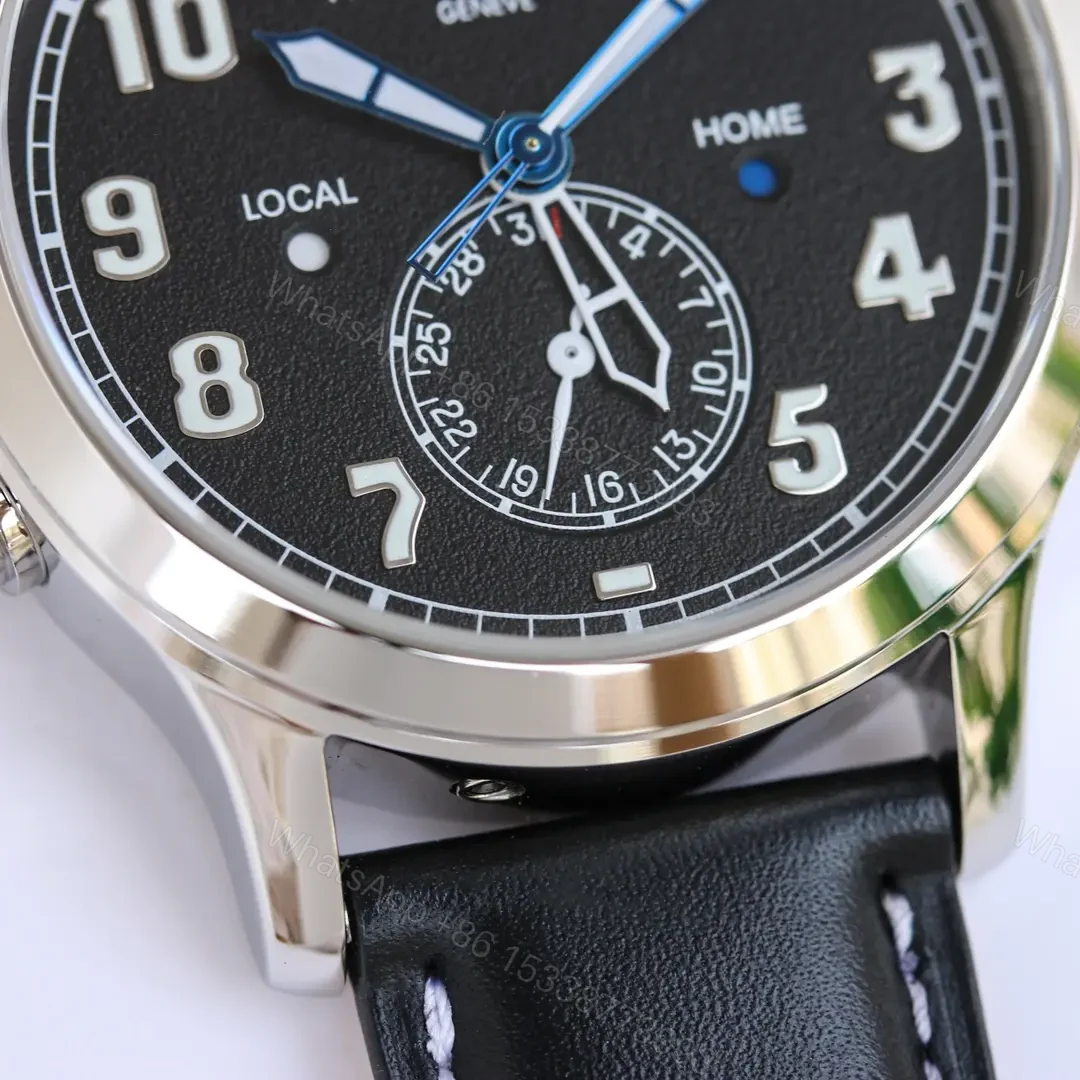 View 5 of Patek Philippe Calatrava Pilot Travel Time Watch Dual Time Zone Rose Gold Coffee/Deep Blue Dial 42mm Stainless Steel Case Blue Leather Strap