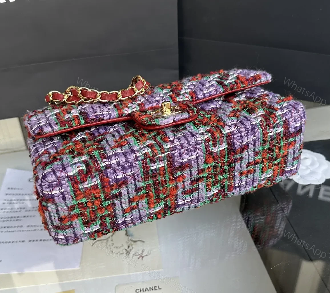 View 3 of Chic Textured Tweed Shoulder Bag with Gold Charm