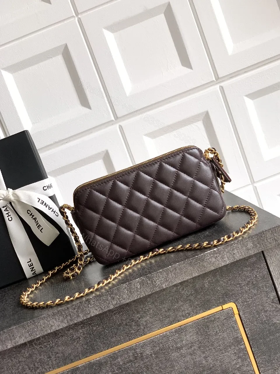View 2 of Small Leather Crossbody: Diamond Quilt, Gold Logo, Velvet Trim, Everyday Luxe
