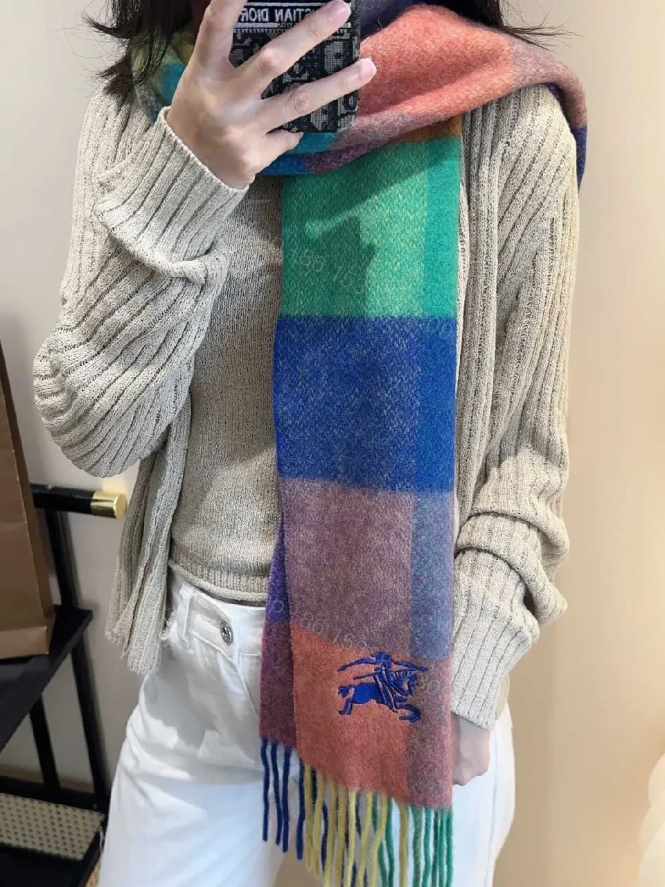 View 6 of Color-Block Luxury Scarf with Fringe Rich Knit