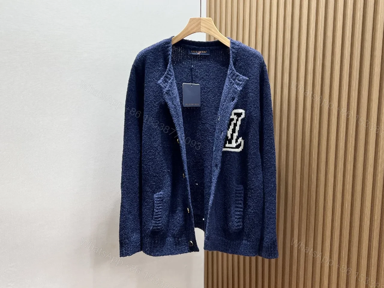 View 7 of Textured Knit Cardigan Navy Bouclé Monogram Accent Luxury Knitwear