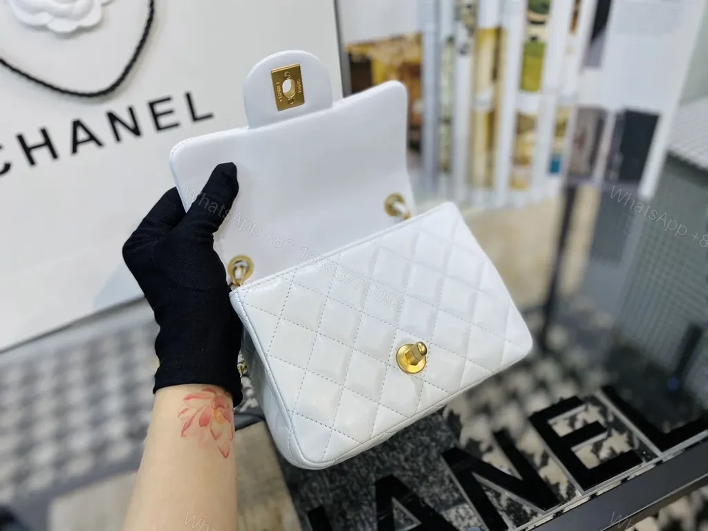 View 7 of Pristine White Quilted Bag with Gold Chain