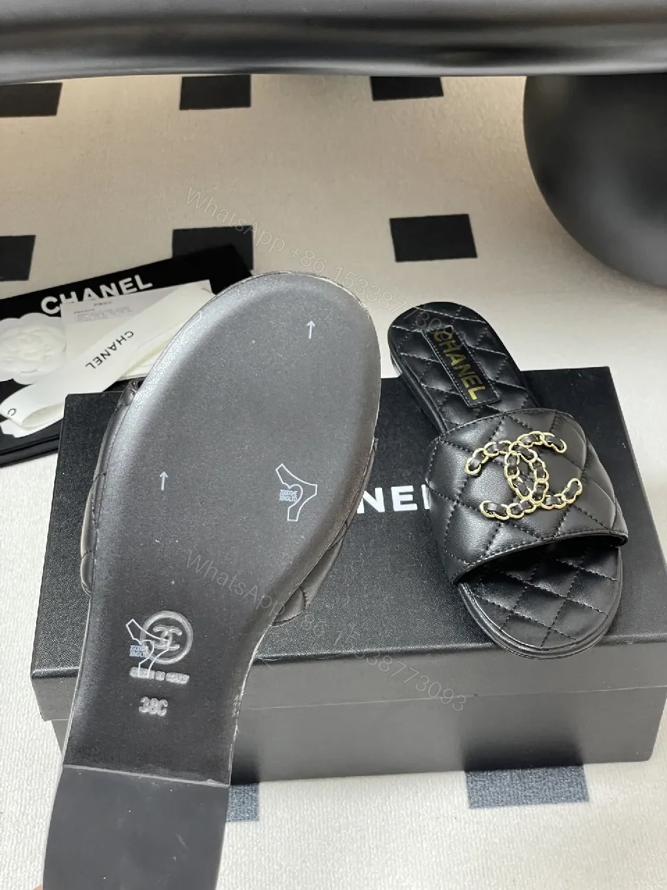 View 8 of Quilted Leather Slides with Gold Chain Detail Luxury