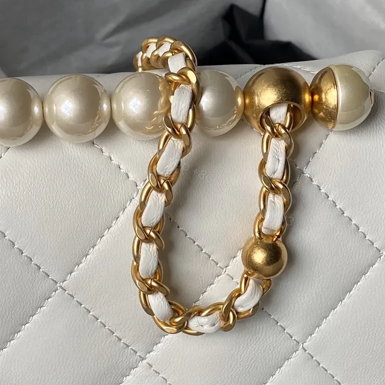 View 8 of Chanel-inspired Quilted Lambskin Flap Bag with Pearl Chain