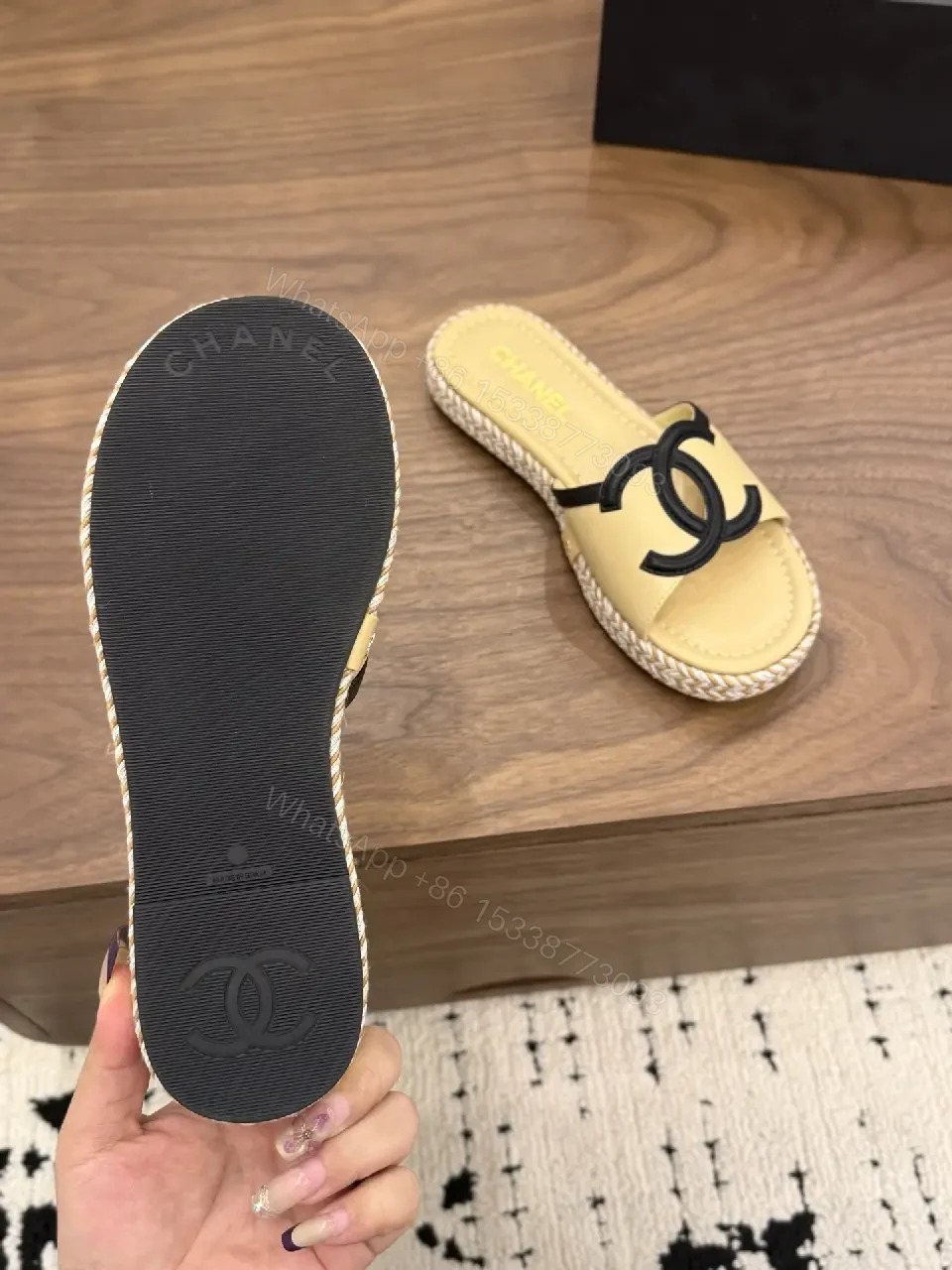 View 5 of Neutral Sand Leather Espadrille Slides with Logo Strap