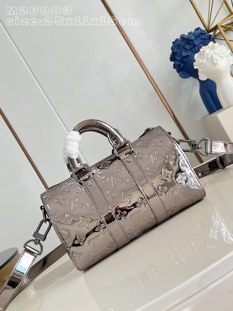 View 4 of Compact Metallic Satchel: Monogram-Texture Carryall