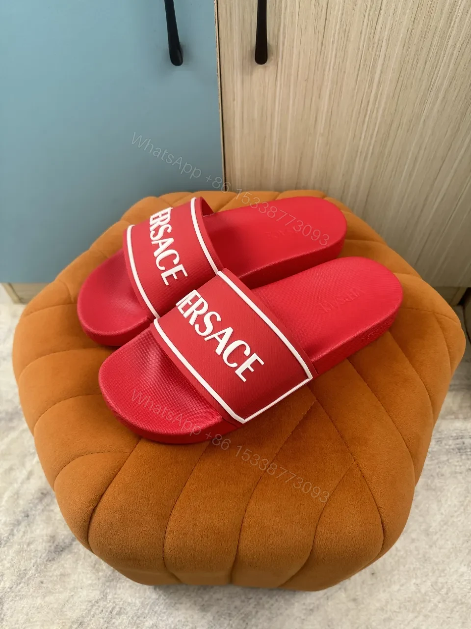 Bold Red Luxury Slide with Signature Versaace Stride — view 1
