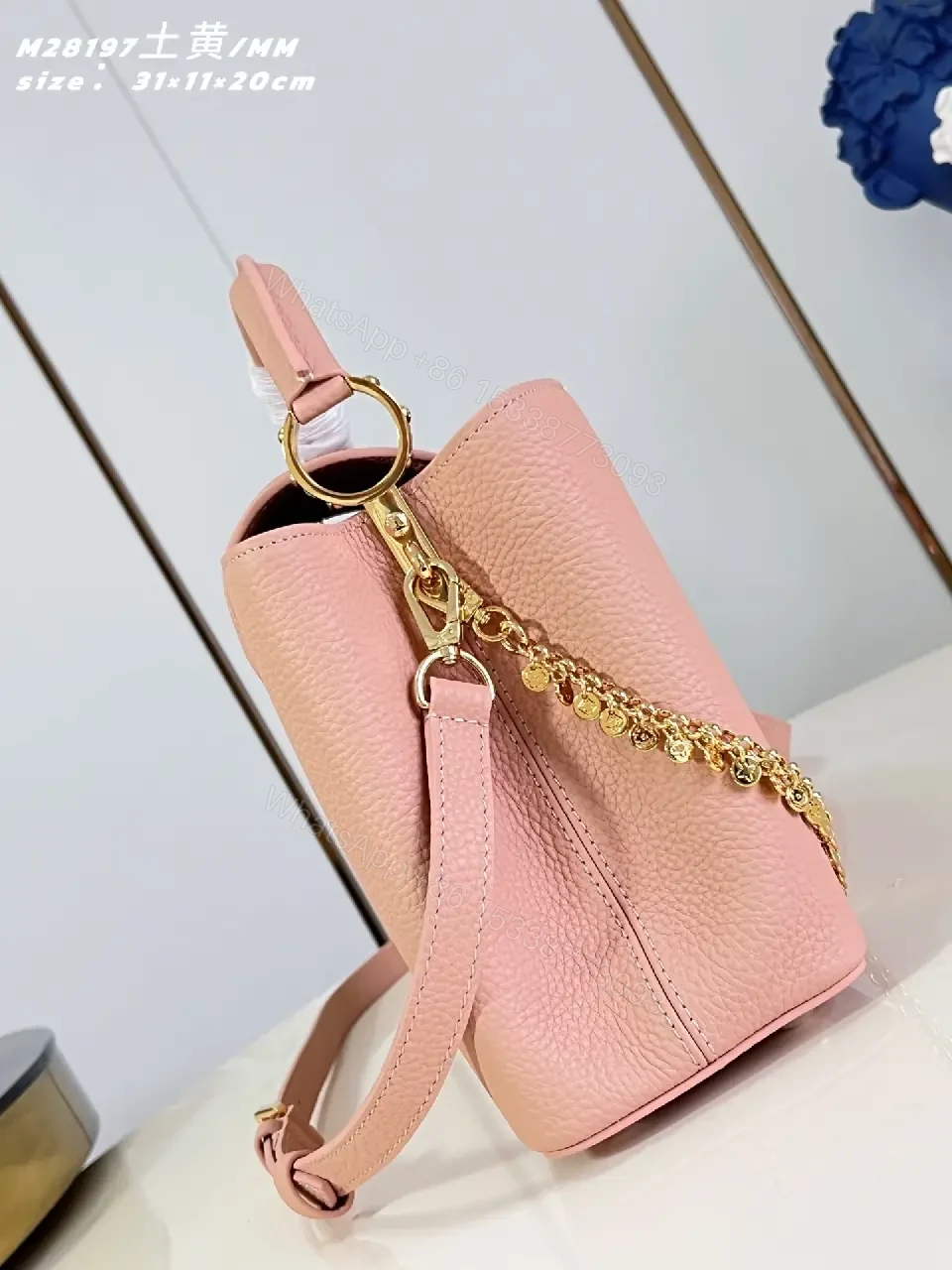 View 5 of Soft Pink Leather Handbag with Gold Hardware
