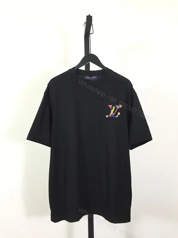 Black Cotton Crew-Neck Tee with Multicolor LV Embroidery — view 1