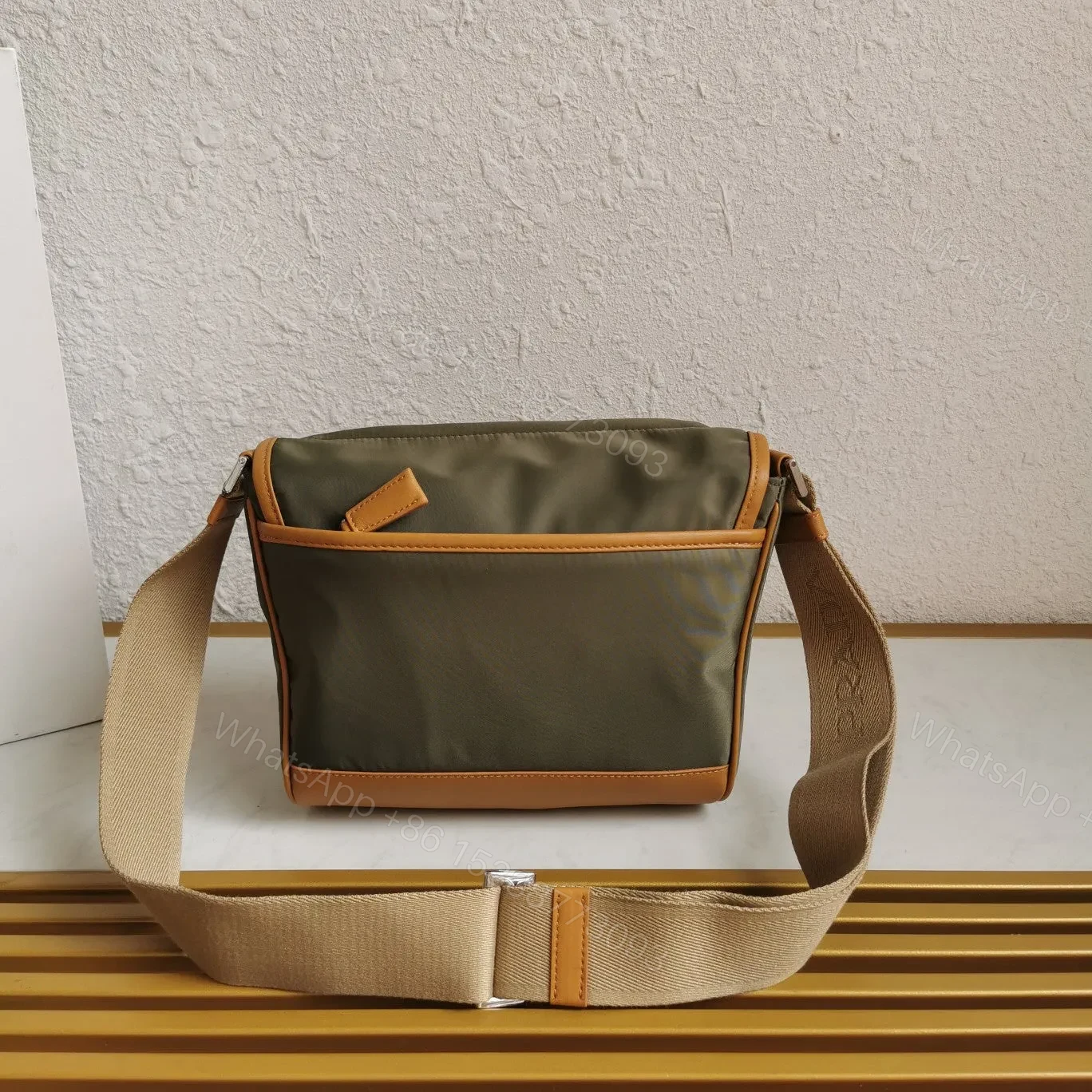 View 4 of MESSENGER BAG 20 IN KHAKI GREEN RE-NYLON AND BROWN CALFSKIN TRIM