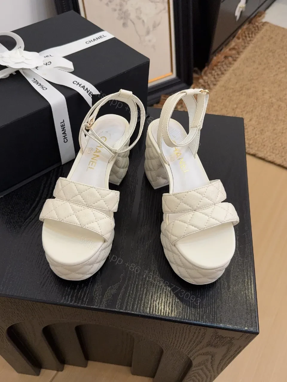 View 7 of Quilted Platform Sandals – Ivory, Gold Hardware, Comfortable Elevation