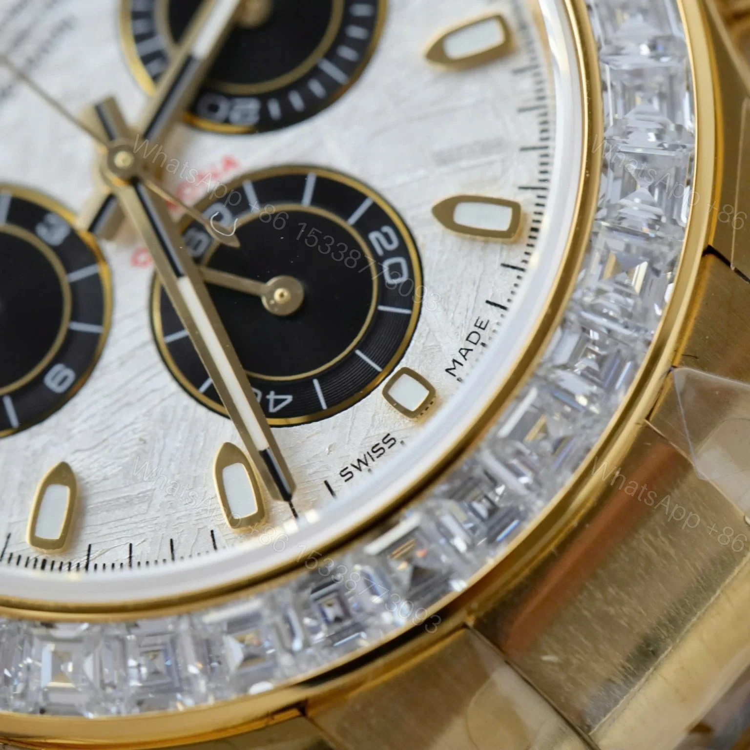View 6 of Replica Rolex Cosmograph Daytona Meteorite Dial Gold Moissanite Baguette 40mm
