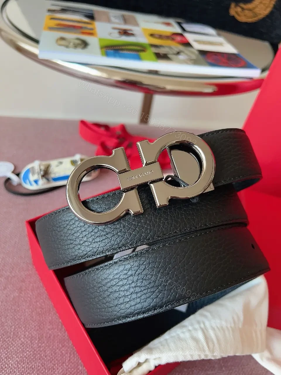 View 3 of Bold Leather Belt with Double-Gancini Hardware