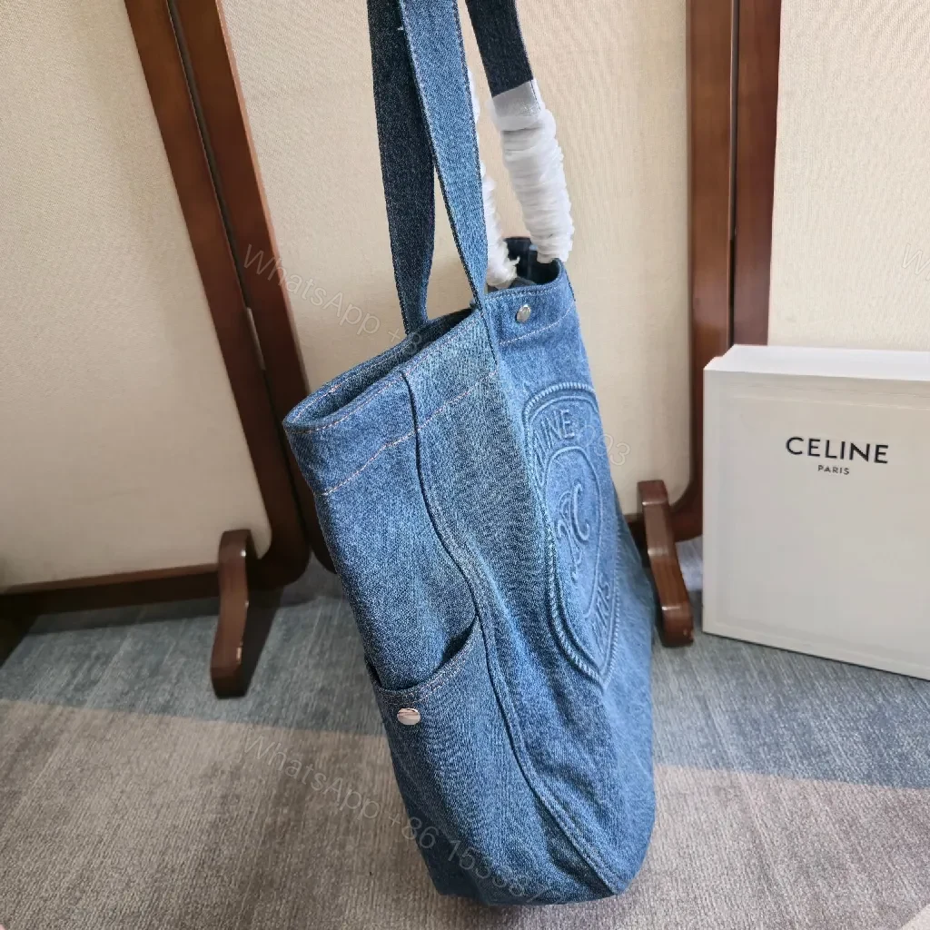 View 5 of Denim Tote with Embossed Logo—Structured Luxury Tote
