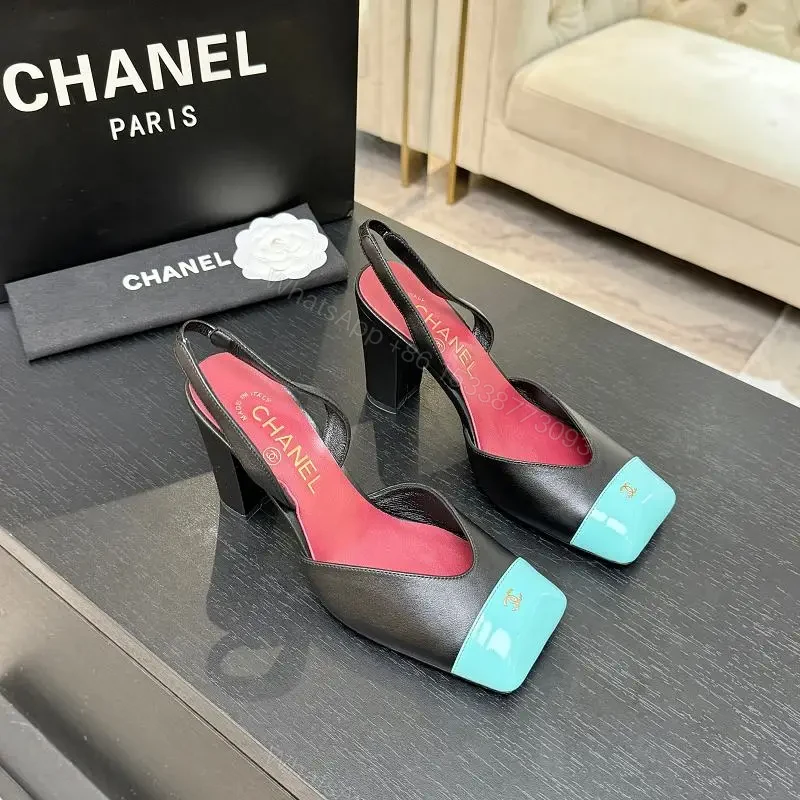 Color-Block Leather Slingback Heels with Turquoise Toe Cap — view 1