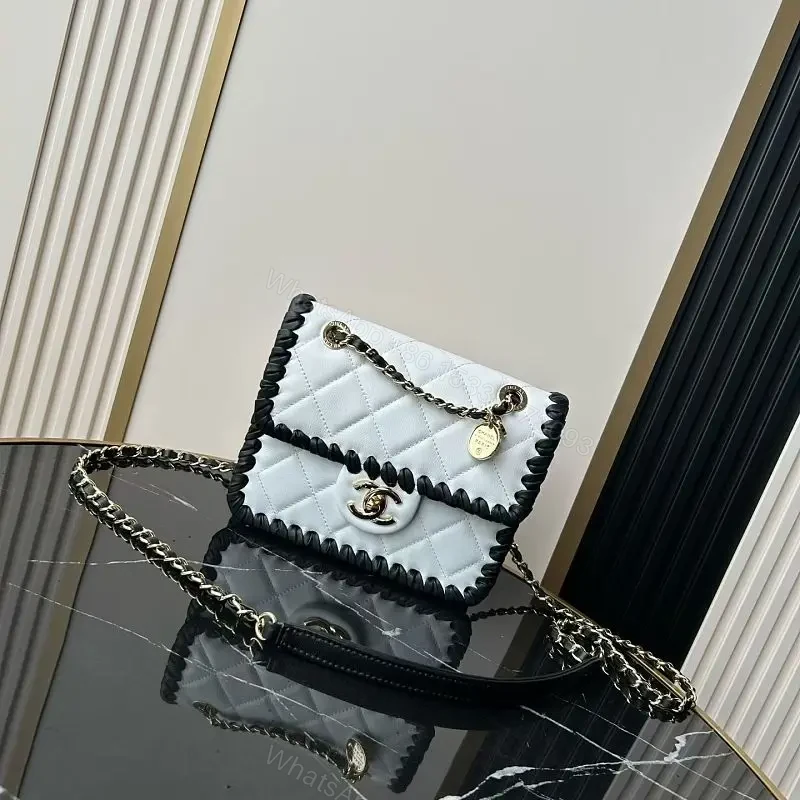 White Leather Quilted Flap Bag with Chain Trim, Gold Logo — view 1