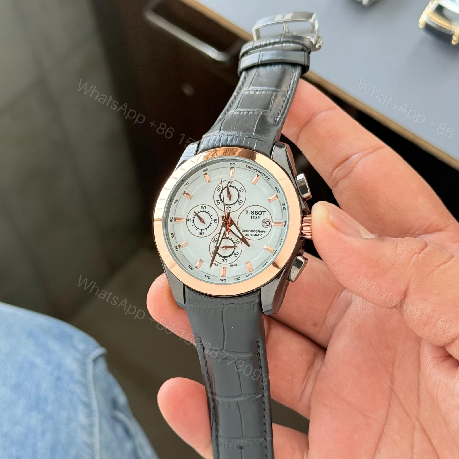 View 2 of Tissot Couturier Chronograph Leather Grey Strap Watch First Copy | 7A Quality Replica