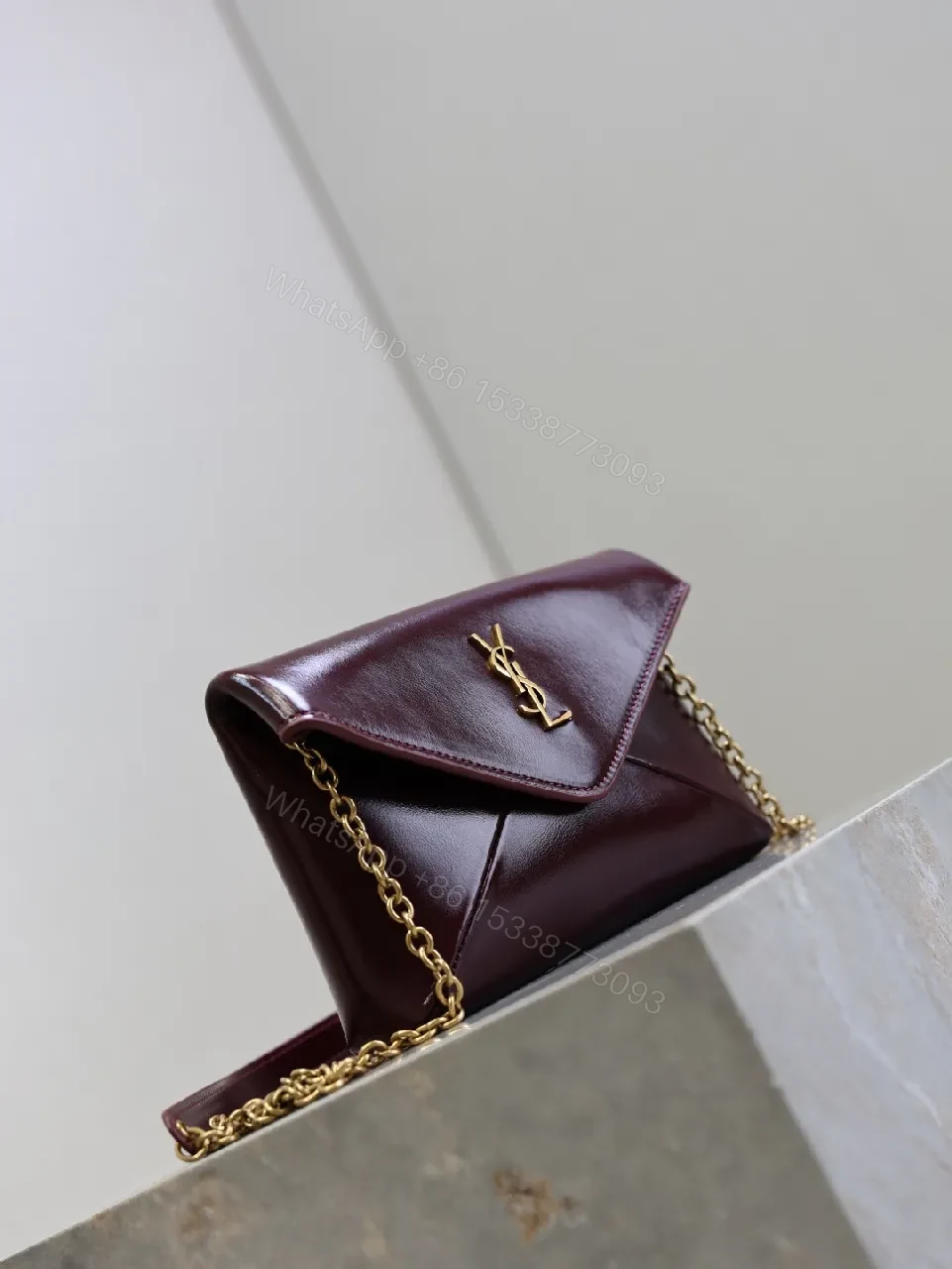 View 3 of Burgundy Leather Envelope Bag - Gold Hardware Elegance