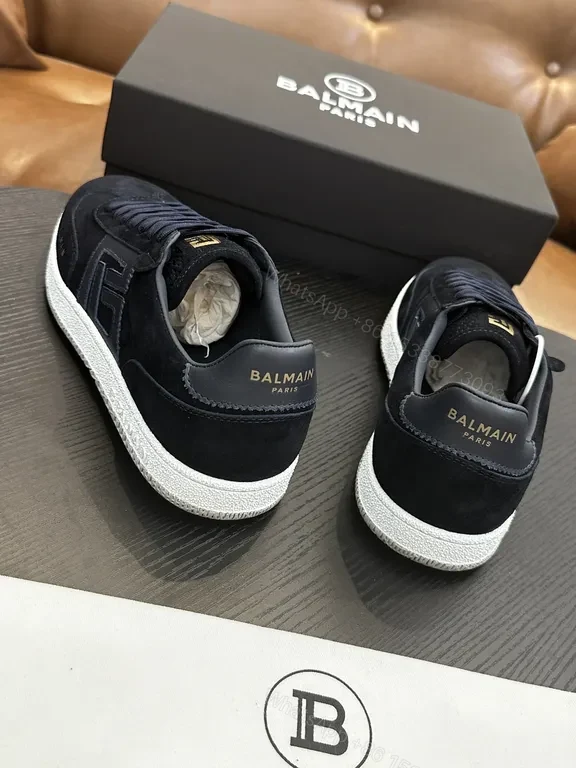 View 5 of Black/Gold Balmain-Style Low-Top Sneakers, Replica, Dark Blue Laces