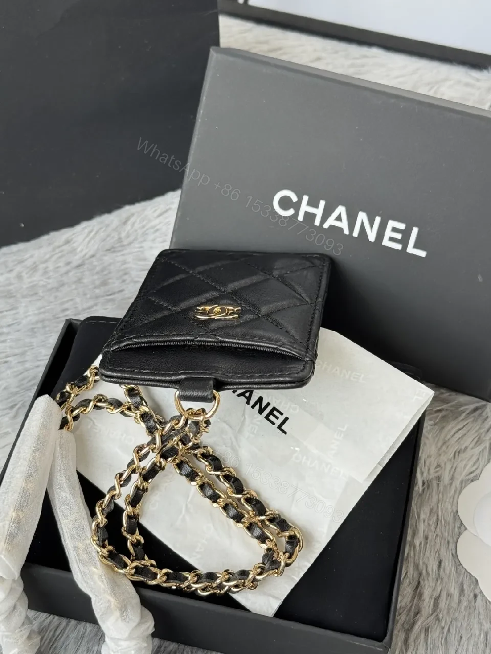 View 2 of Compact Quilted Leather Wallet on Chain with Gold Hardware