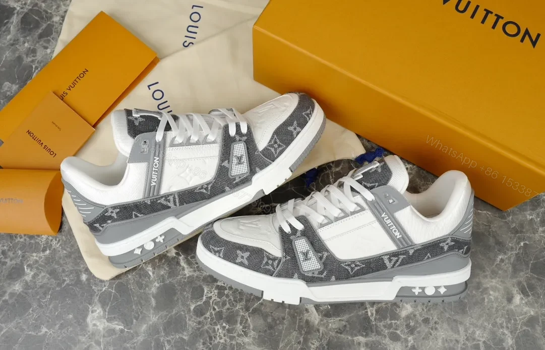 View 2 of White Leather Gray LV-Style Modern Sneaker with All-Day Comfort