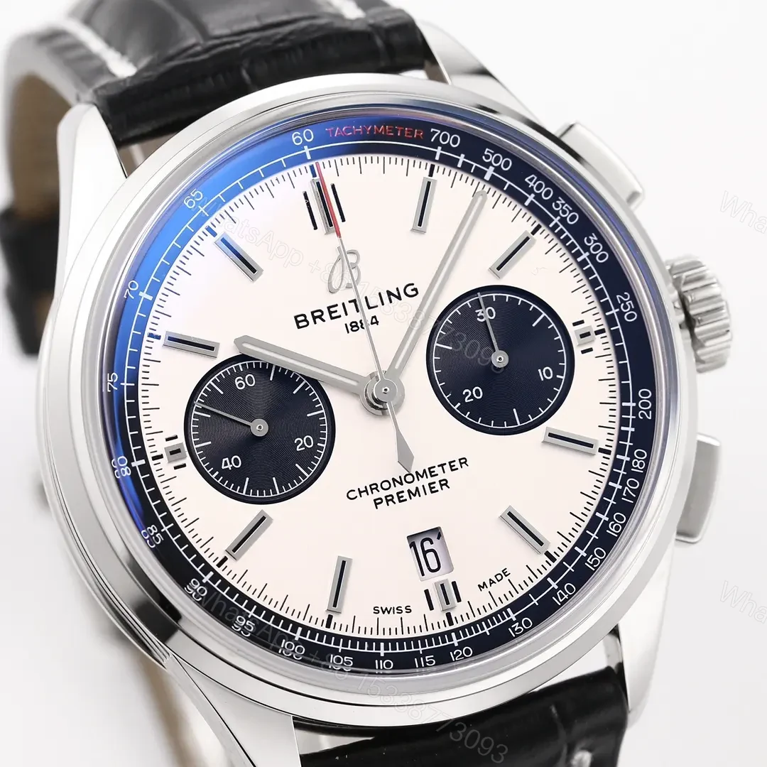 View 4 of GF Factory Breitling Premier B01 Chronograph Watch – Silver Dial, Blue Sub-dials, Black Leather Strap