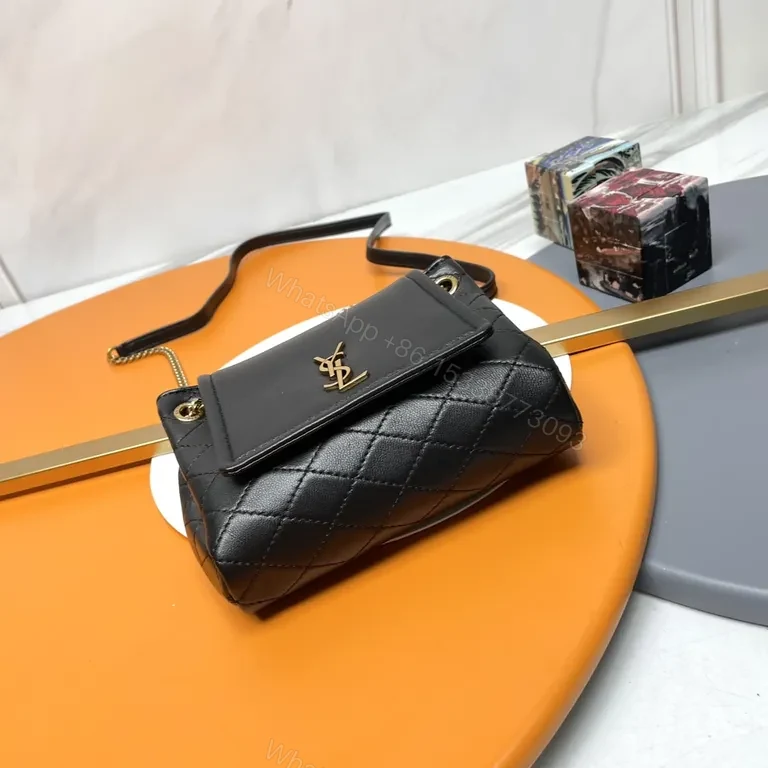 View 6 of Chic Quilted Black Crossbody with Gold YSL Logo