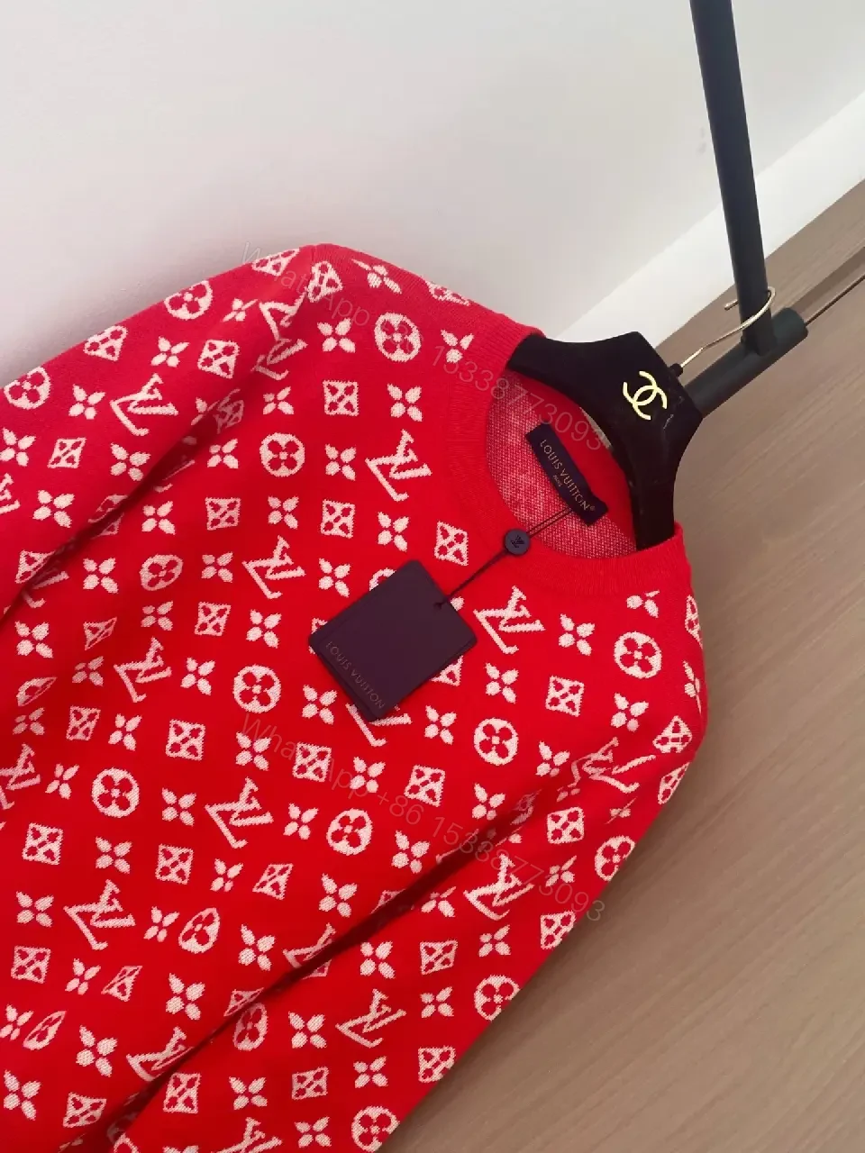 View 8 of Red Knit Monogram Crew Neck—Bold Pattern & Cozy Warmth