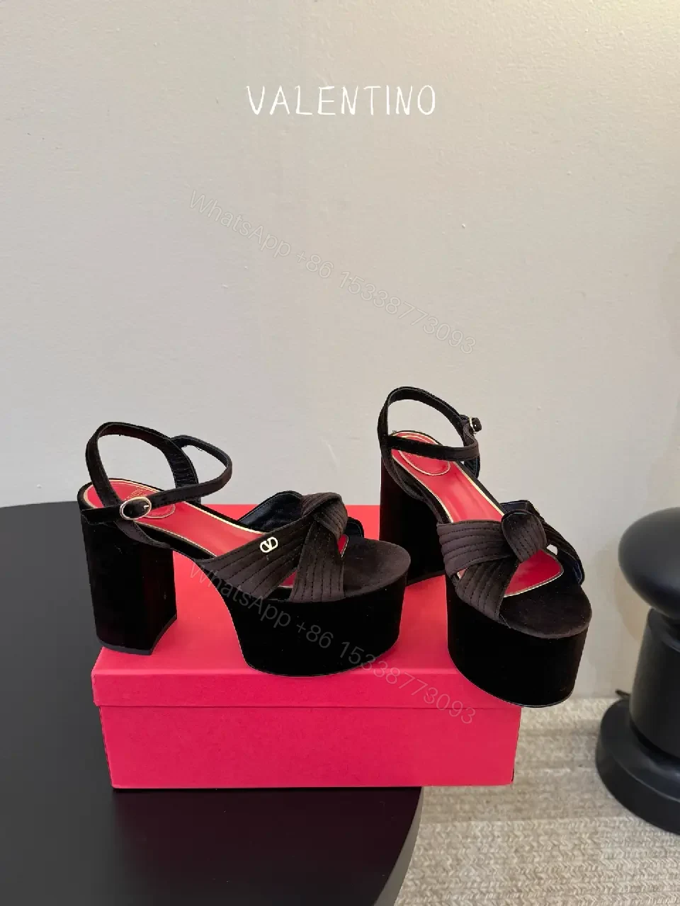 View 4 of Red Velvet Slingback Platform Heels, Block Heel, Valentino Style