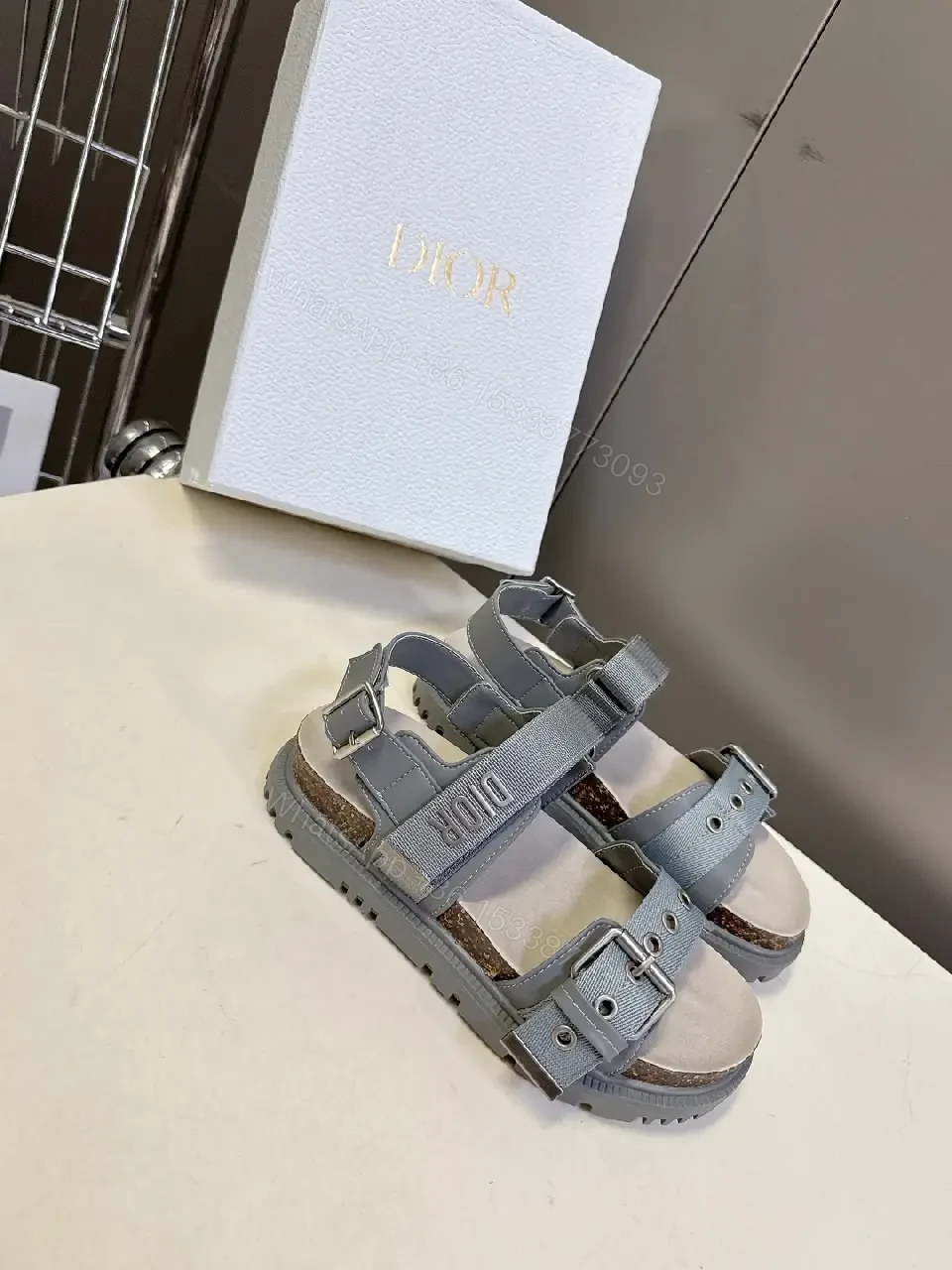 View 8 of Gray Leather Sandals with Cork Footbed & Buckle Straps (Dior Style)