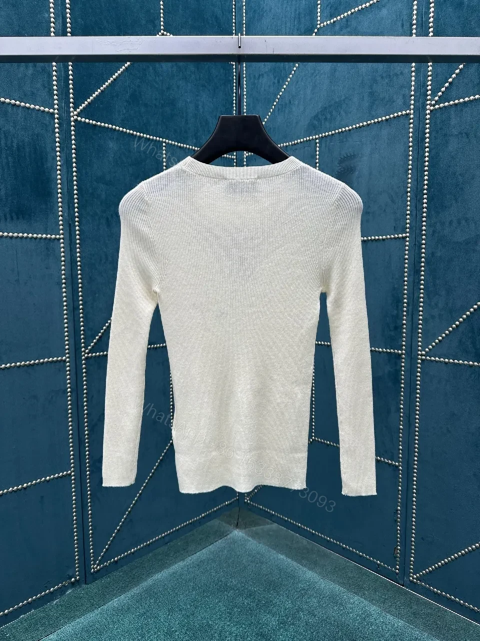 View 9 of Ivory Knit Crewneck Sweater, Subtle Logo, Premium Texture