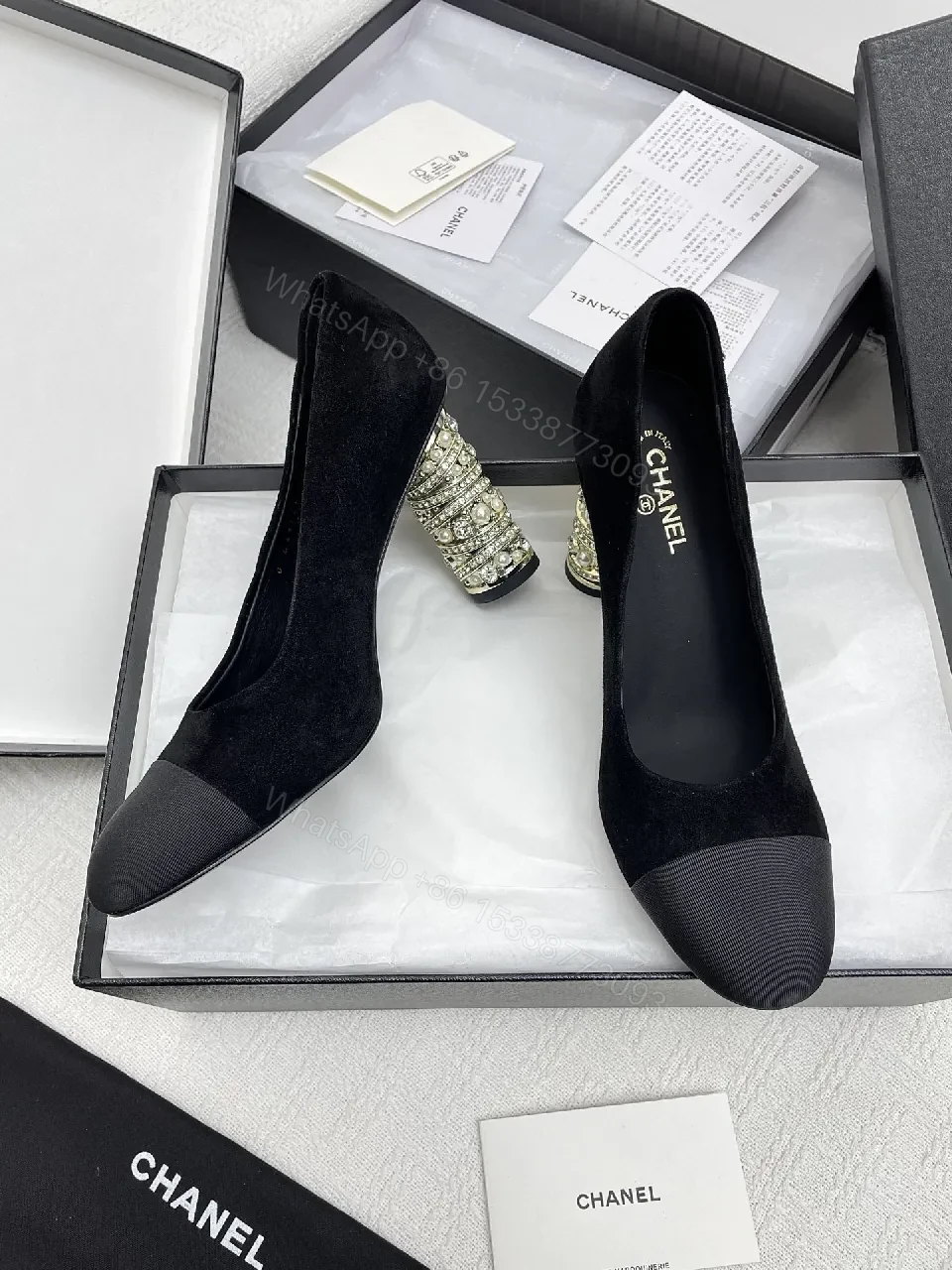View 3 of Black Velvet Pumps + Velvet + Classic + Bead-embellished Heel + Pump