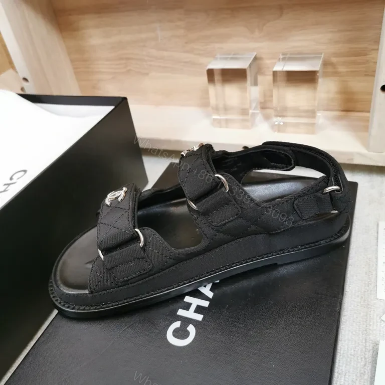 View 8 of Chanel-Inspired Black Leather Sandals with Logo Details