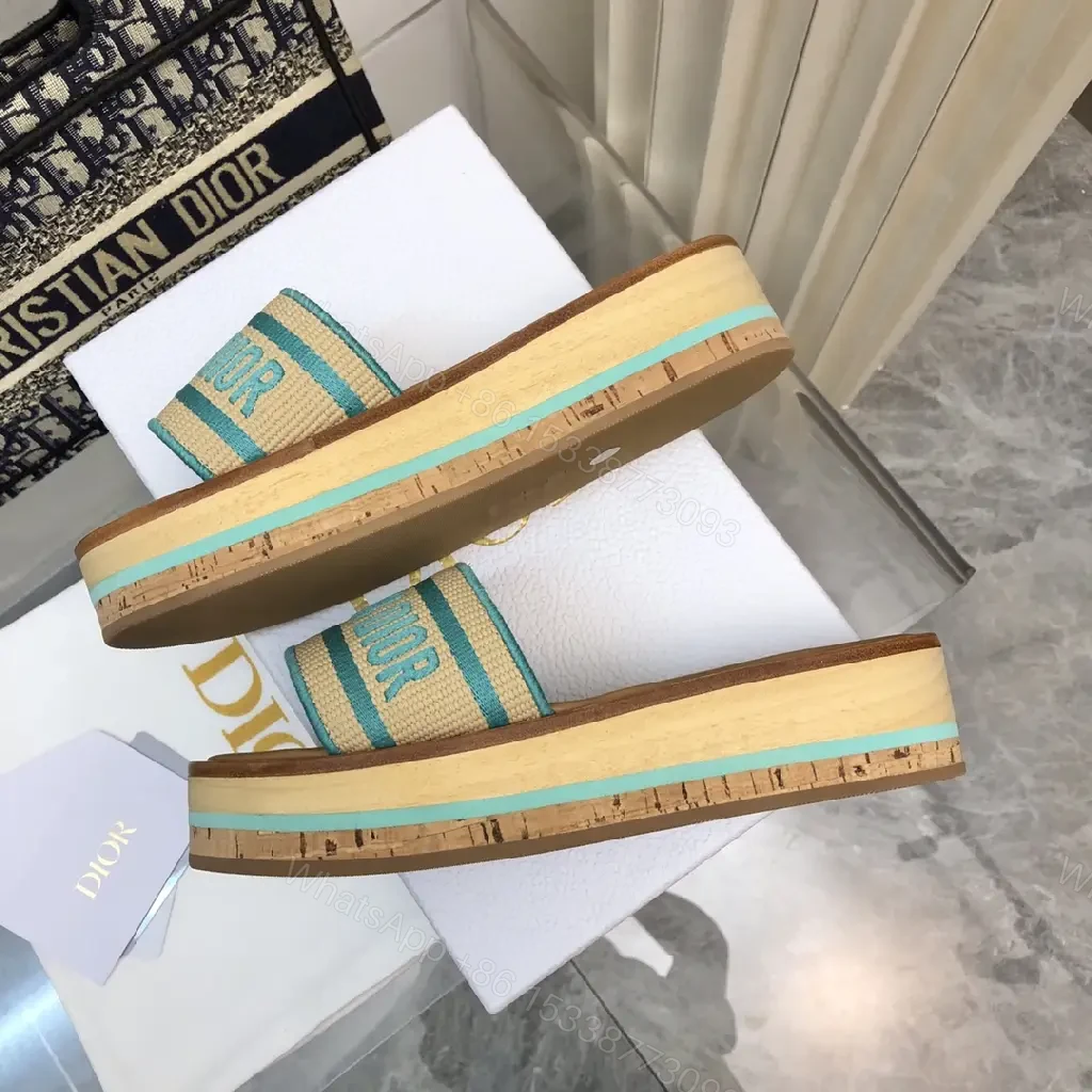 View 4 of Turquoise Canvas Striped Platform Sandals with Christian Dior Print