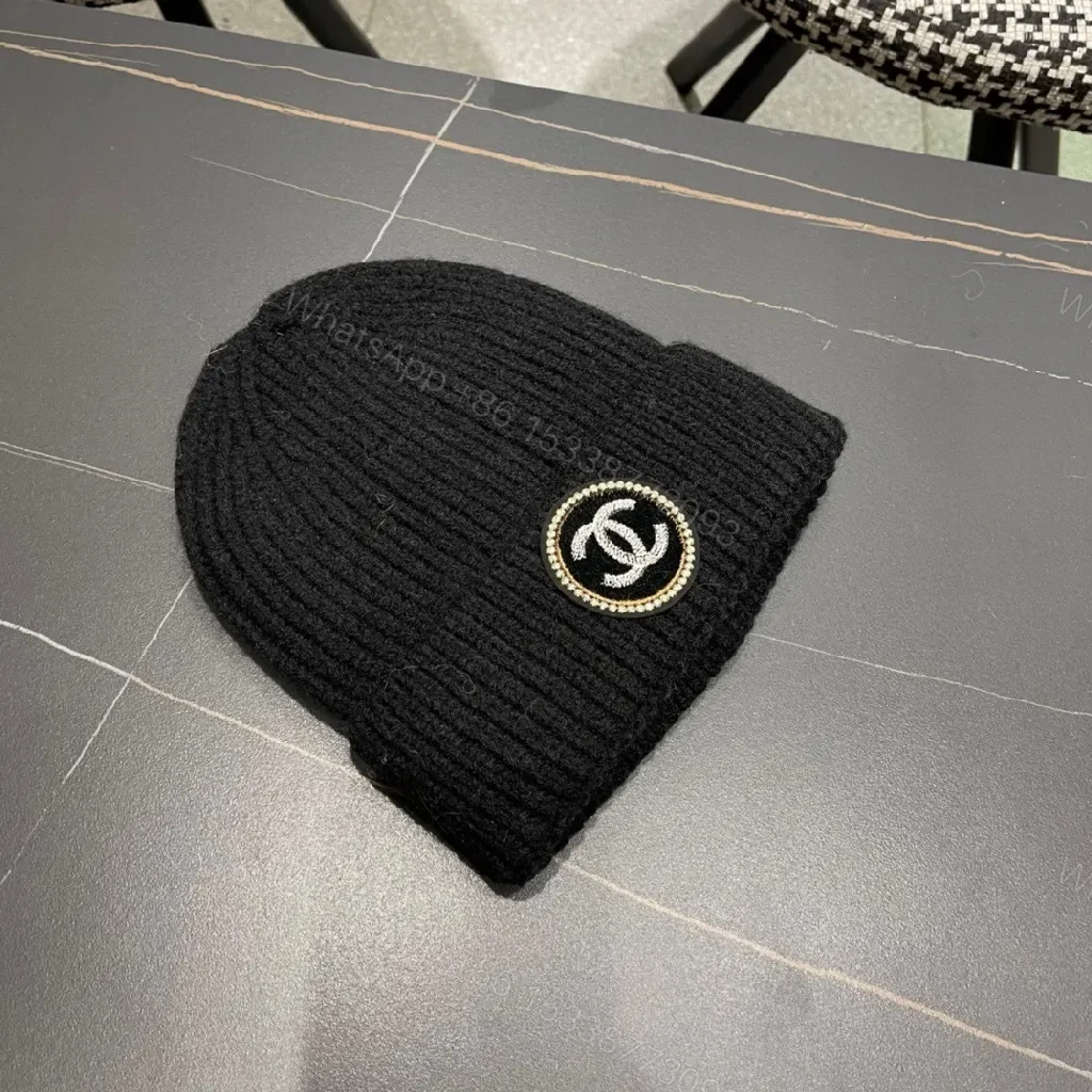View 5 of Black Knit Beanie with Luxe Badge, Everyday Luxury, One-Size, Casual Style