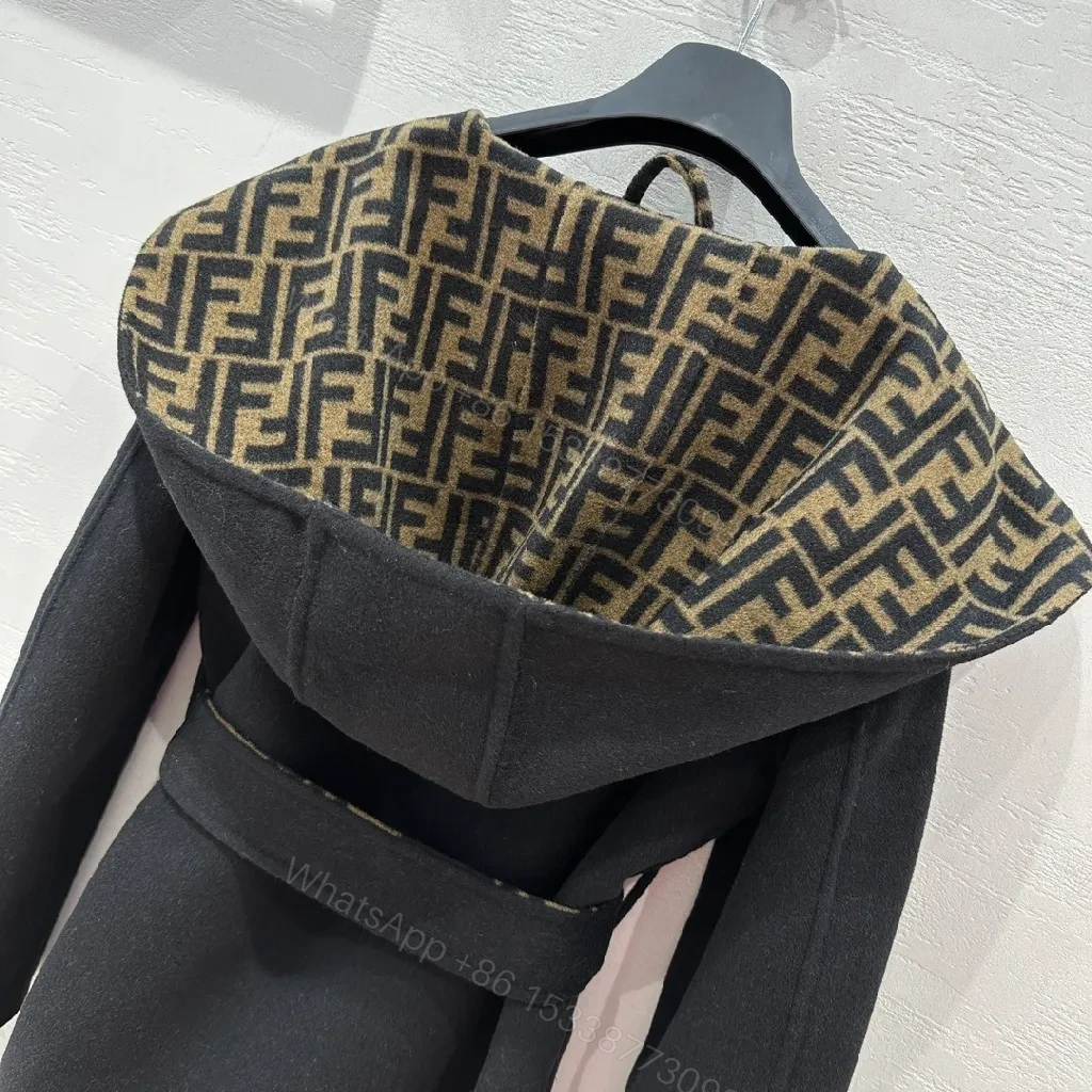 View 6 of Bold Wool-Blend Wrap Coat with Logo-Pattern Overlay