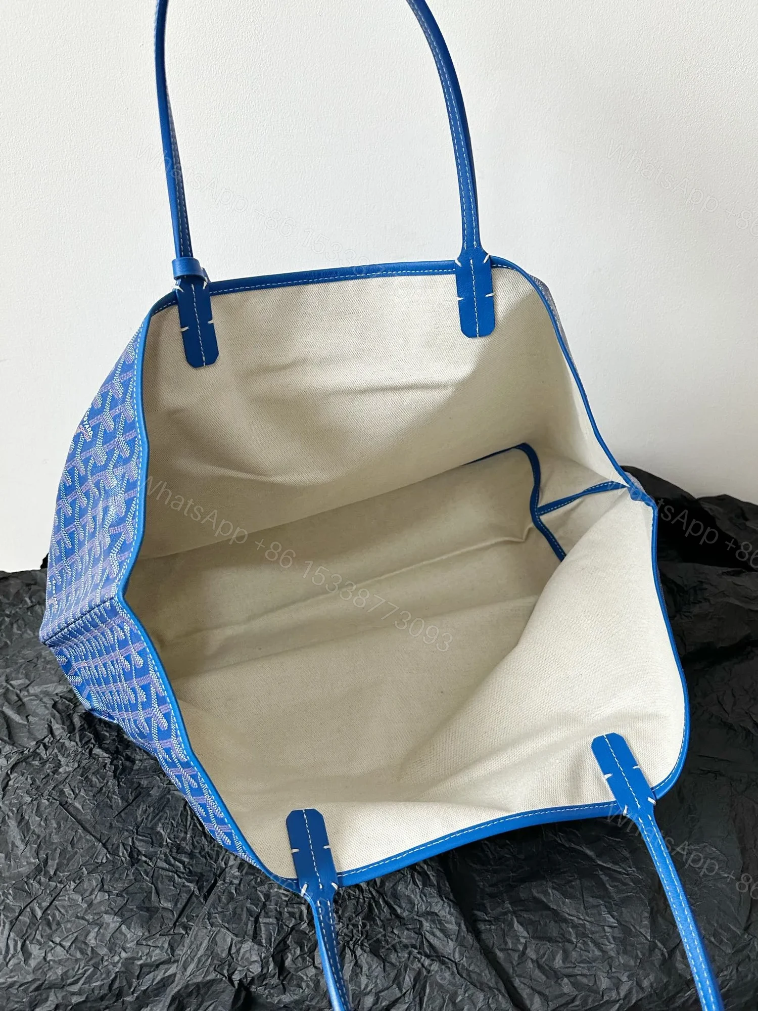 View 4 of Goyard Blue Goyardine Canvas & Chevroches Calfskin Saint Louis PM Tote