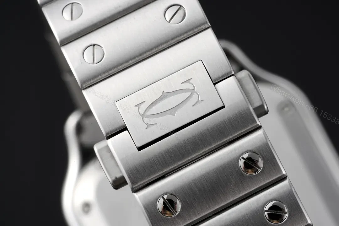 View 8 of JF Factory Santos de Cartier Women’s Watch – Stainless Steel Case, White Roman Dial, Blue Steel Sword Hands, Sapphire Crystal, Interchangeable Stainless Steel and Leather Straps, QuickSwitch System, Double Folding Clasp, 35.1mm x 8.83mm, 100m Water Resistant
