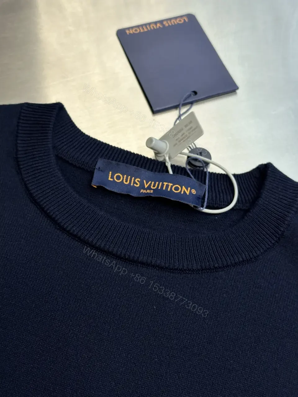 View 3 of Navy Knit Tee Short-Sleeve Rib Crew, Gold LV Logo