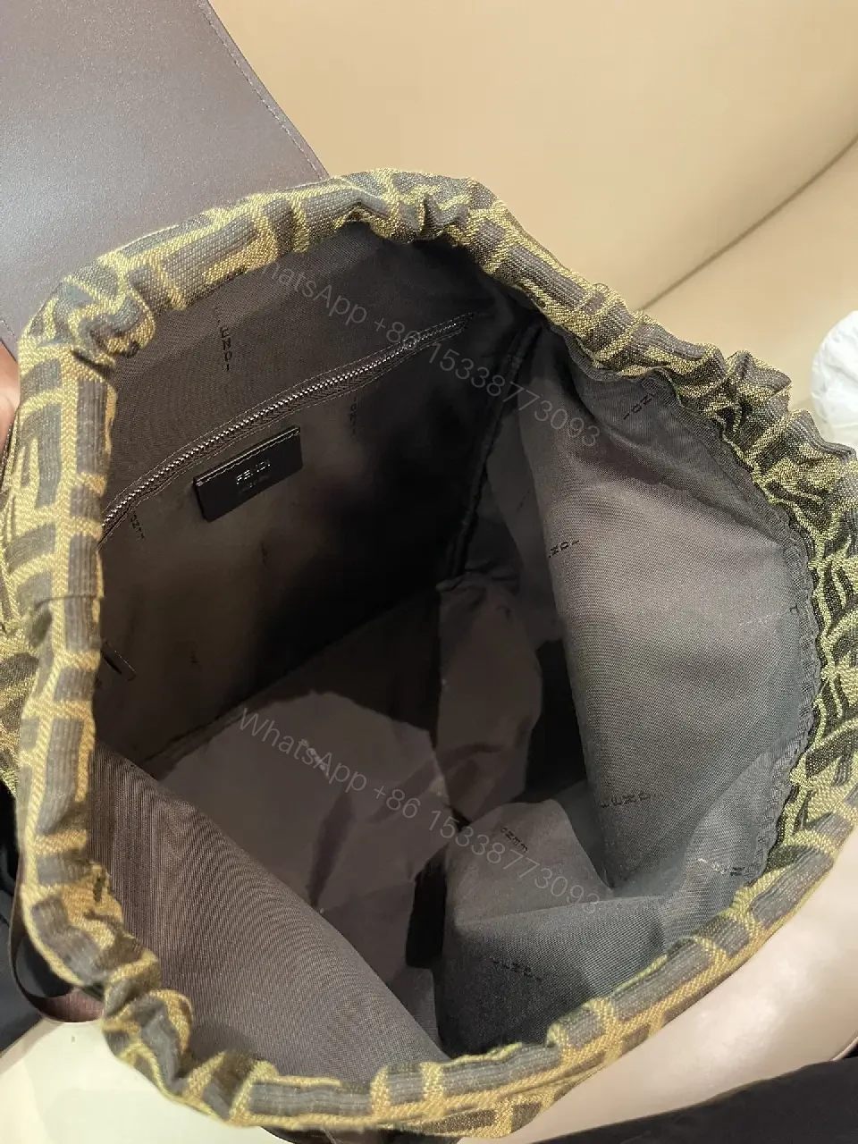 View 10 of Brown/Olive Modern Backpack with Fendi Monogram, Leather Accents, Gray Flap