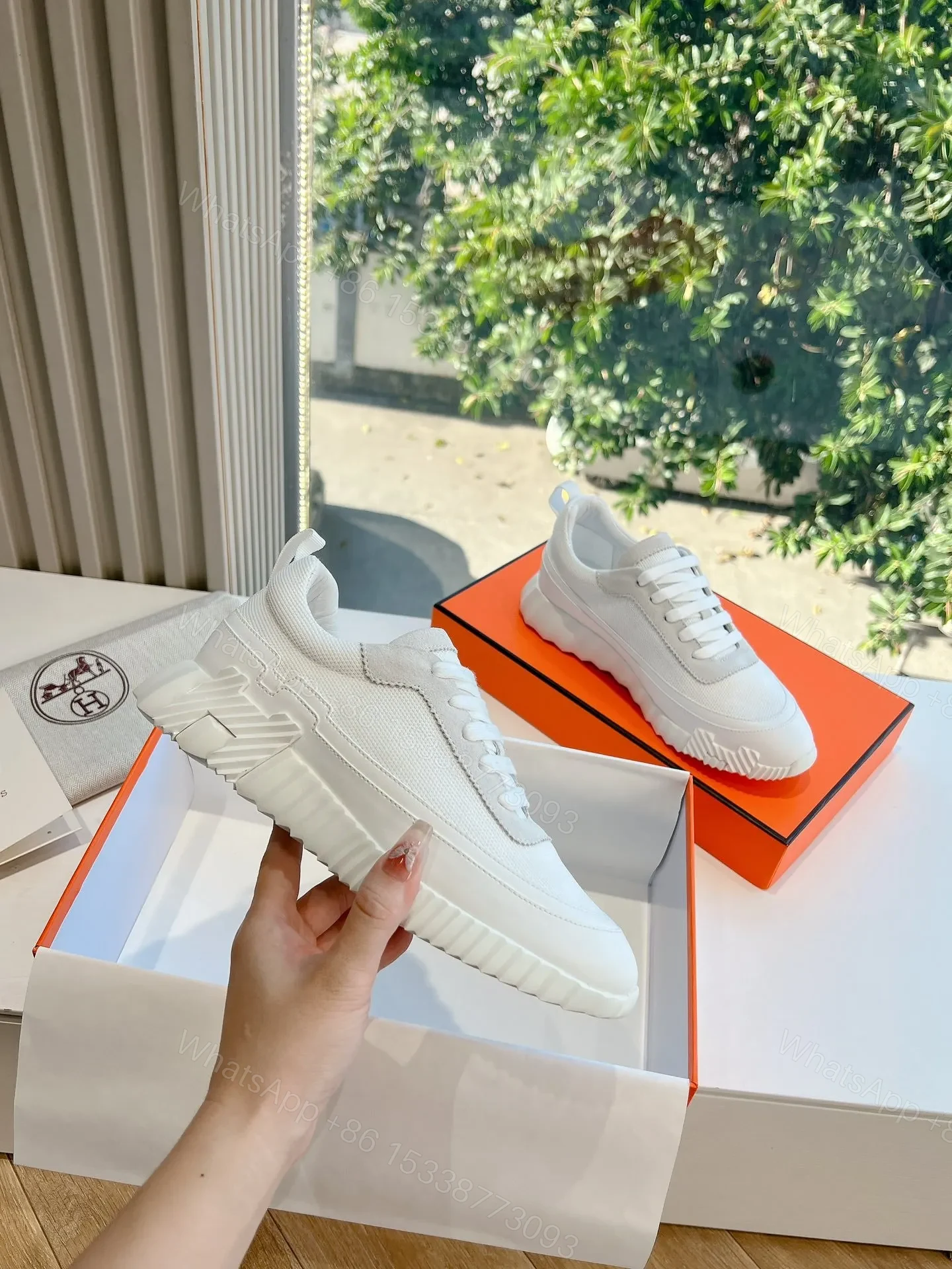 View 5 of Hermes Women White Mesh And Leather Sneakers