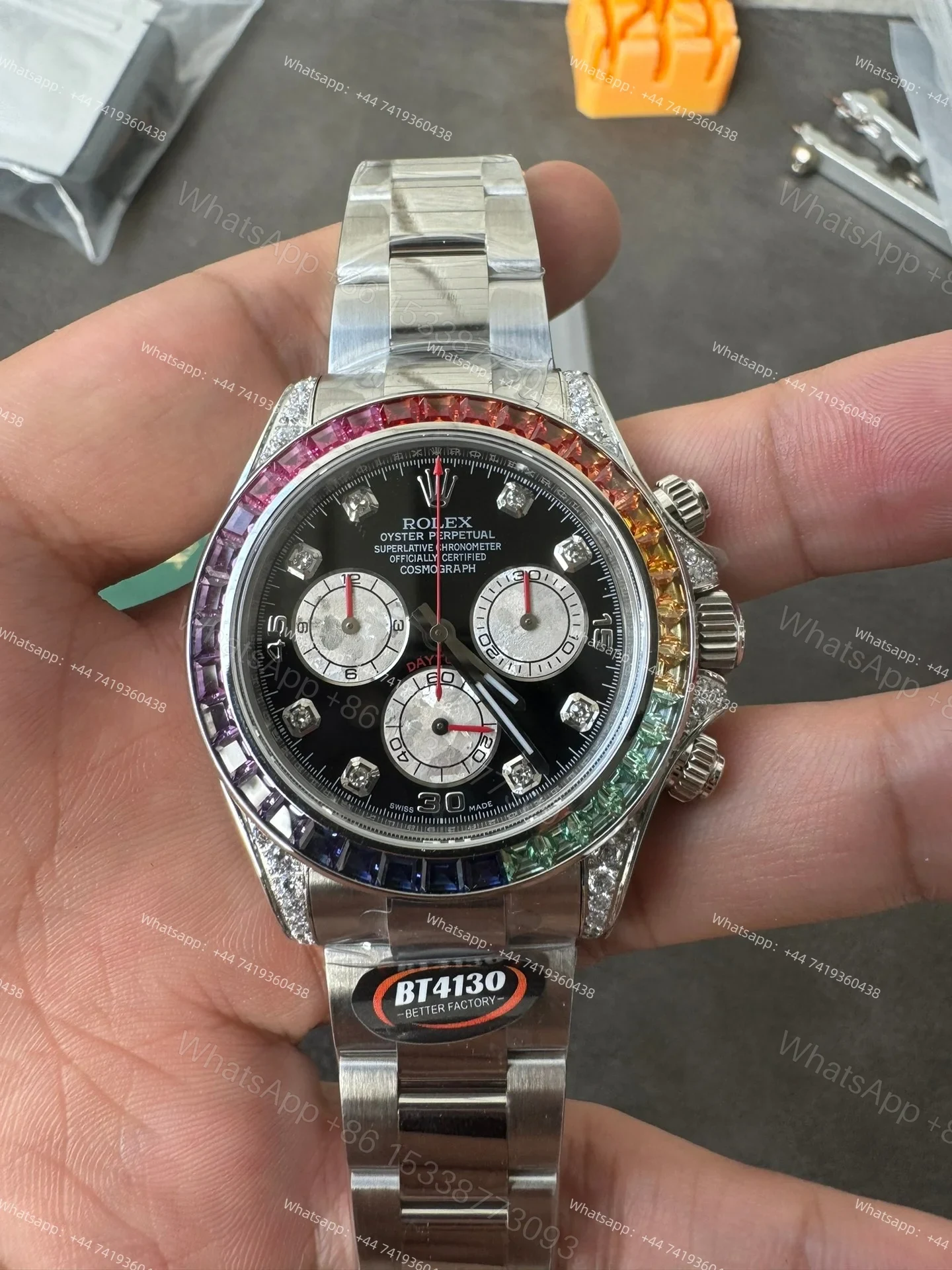 View 3 of Rolex Daytona 116599RBOW Rainbow Bezel 1:1 Replica – Black Diamond Dial Super Clone 4130