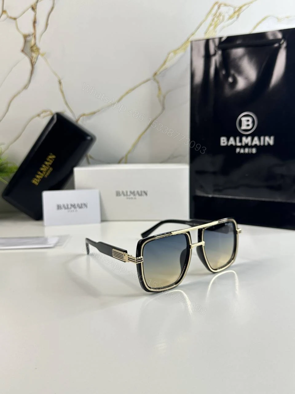 View 5 of First Copy Balmain Square Black Frame Sunglasses Grey Gradient Unisex UV Protection