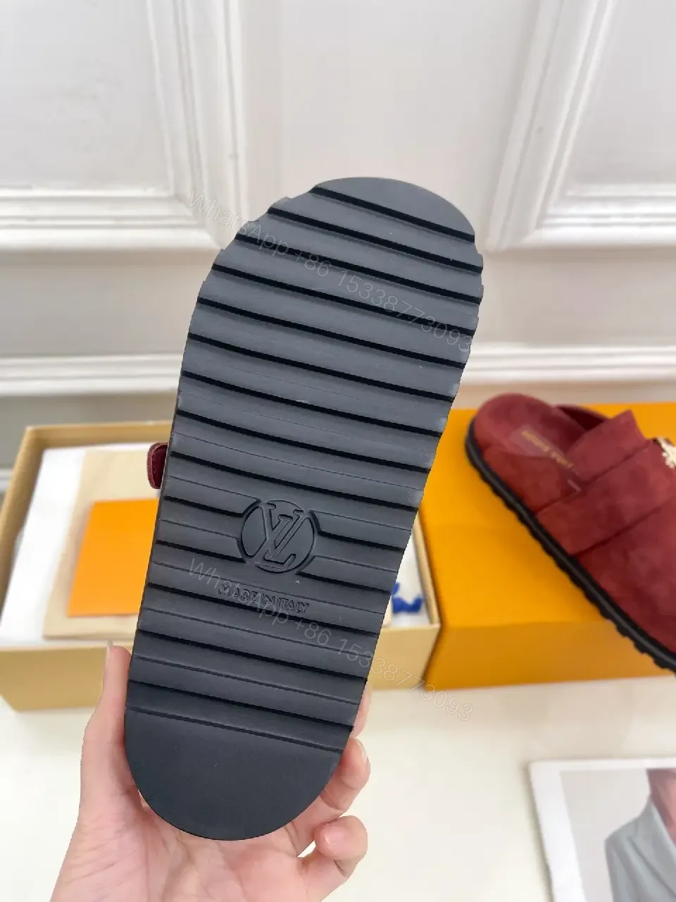 View 8 of Burgundy Suede Slipper Mule with Gold Buckle