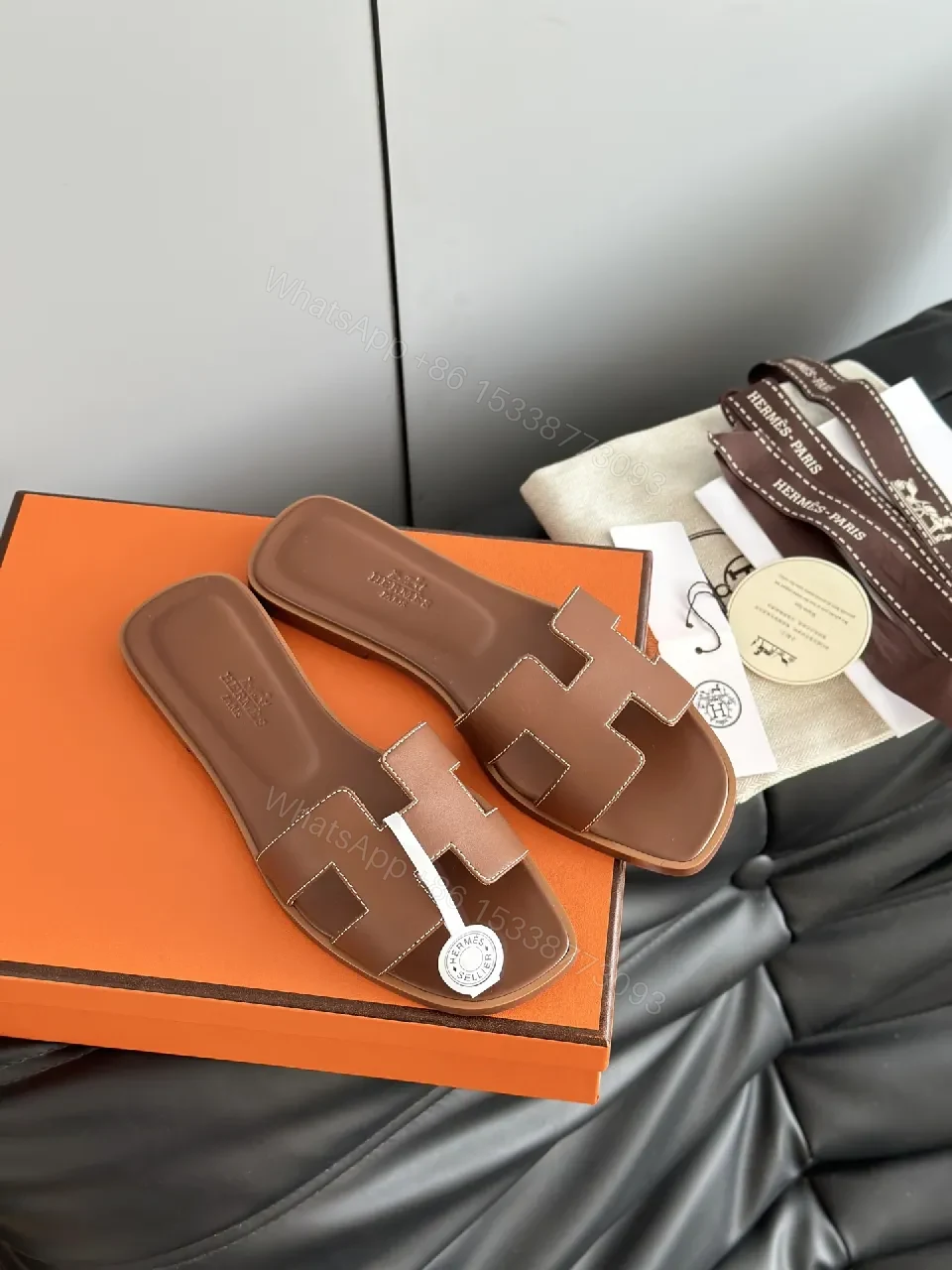 View 2 of Brown Leather Sandals with H-Strap Comfort