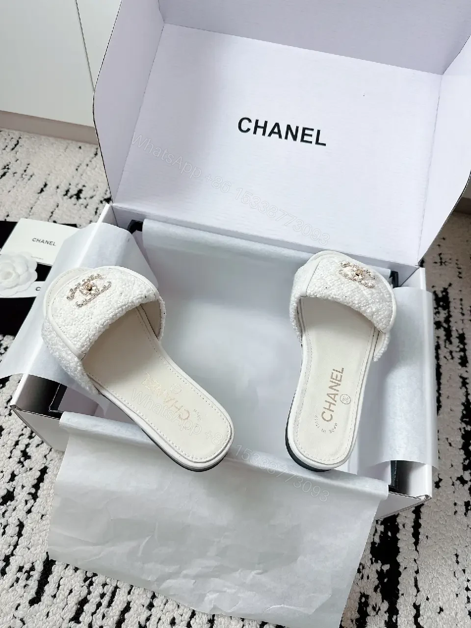 View 4 of White Bouclé Slip-Ons: Luxe Chanel-Esque Comfort Slides